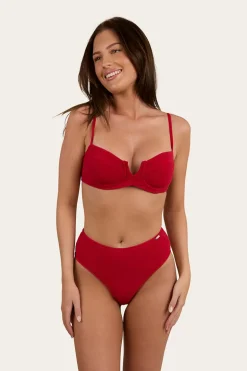 Country Sunset Textured High Waist Bikini Bottom - Red