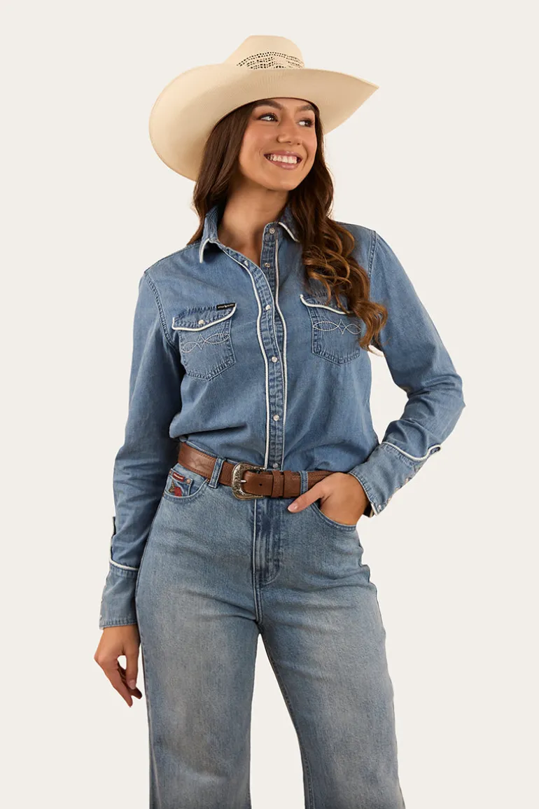 Eddie Womens Western Shirt - Light Wash Blue