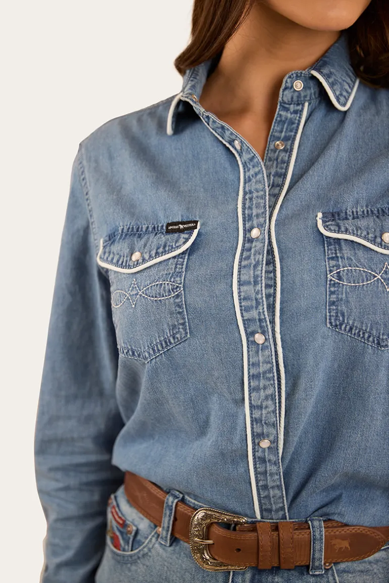 Eddie Womens Western Shirt - Light Wash Blue