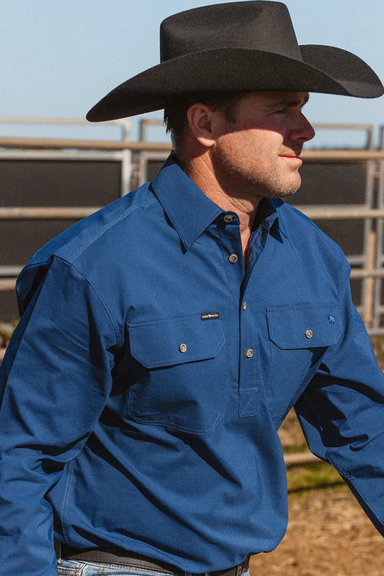 King River Mens Half Button Coolmax Work Shirt - Navy