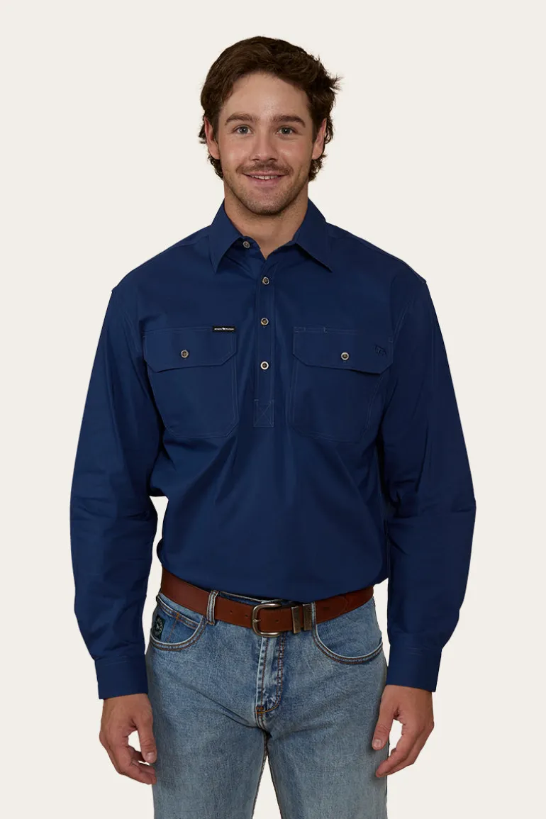 King River Mens Half Button Coolmax Work Shirt - Navy