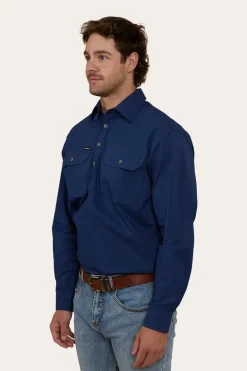 King River Mens Half Button Coolmax Work Shirt - Navy