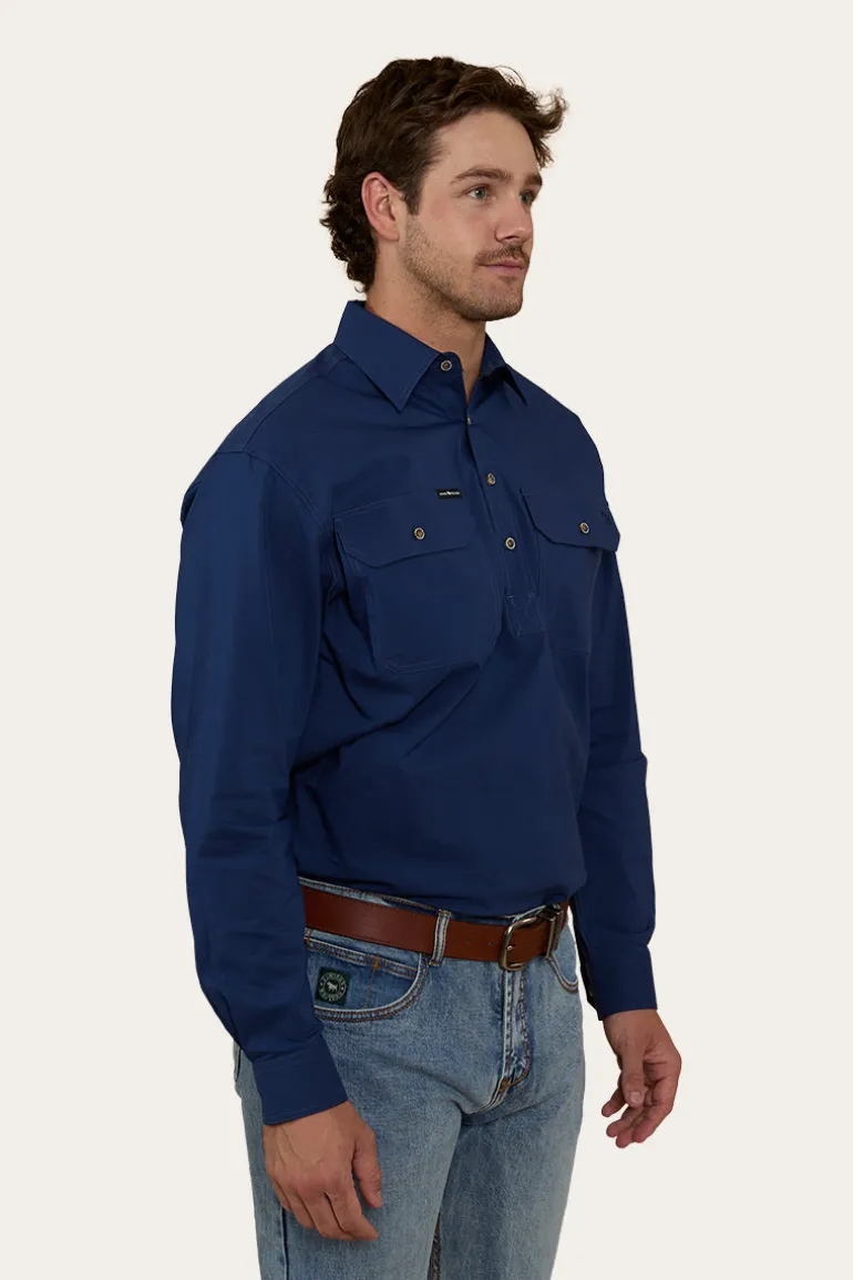 King River Mens Half Button Coolmax Work Shirt - Navy