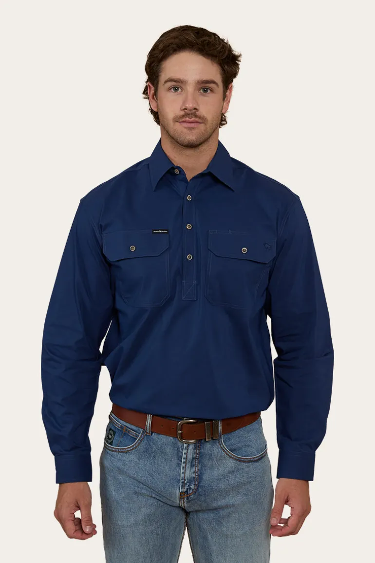 King River Mens Half Button Coolmax Work Shirt - Navy