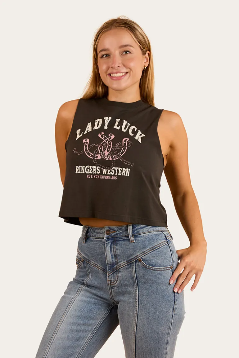 Lady Luck Cropped Muscle Tank - Charcoal